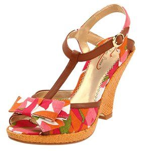 NEW Poetic License T-Strap Pink Green & Orange Wedge with Bows Size 8 / 39